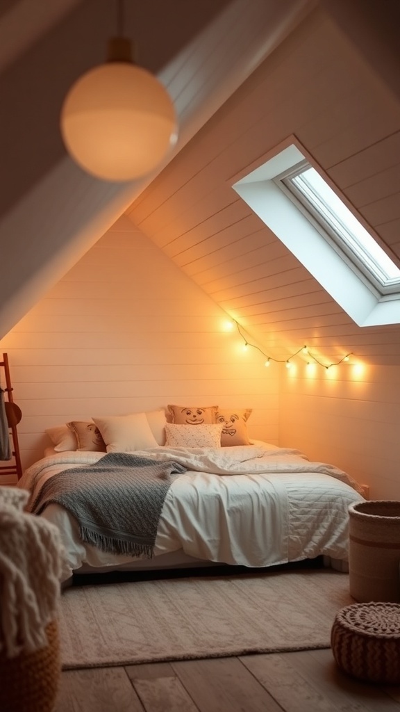 Cozy bedroom nook under a sloping ceiling with warm lighting and soft bedding.