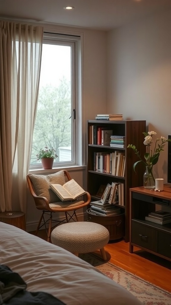Cozy reading nook in a bedroom with a chair, ottoman, bookshelf, and window.