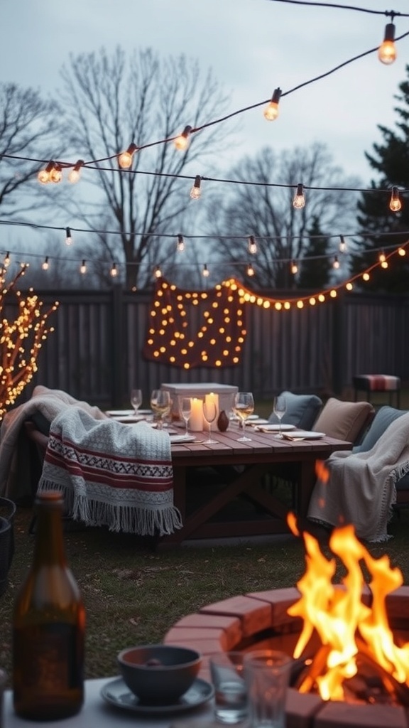 Cozy outdoor dinner setup with string lights, a fire pit, and a beautifully arranged table.