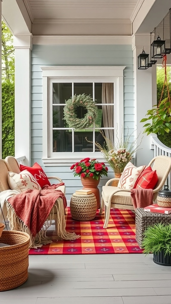Cozy outdoor seating area with chairs, colorful pillows, a rug, and potted flowers