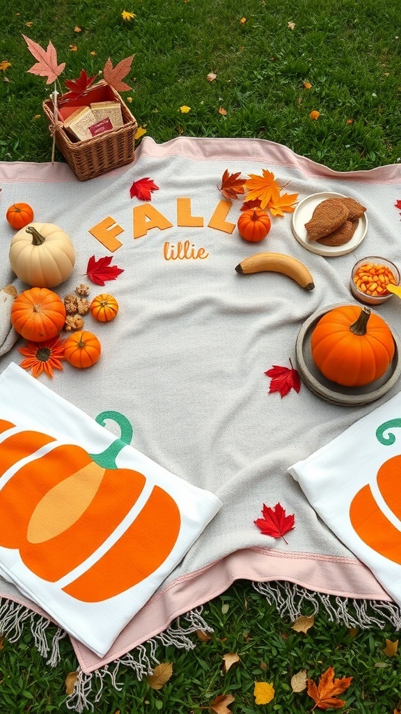 A cozy picnic setup featuring Pumpkin Bows Cotton Towels, pumpkins, and autumn leaves.