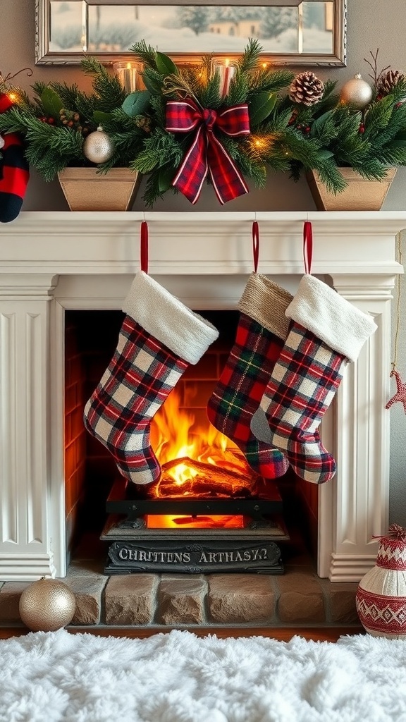 Three plaid stockings hanging from a mantel above a cozy fireplace, decorated for Christmas.