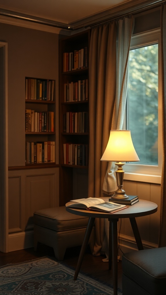 A cozy reading nook featuring a ghost reading book lamp on a side table next to a comfortable chair, with books on a nearby shelf.