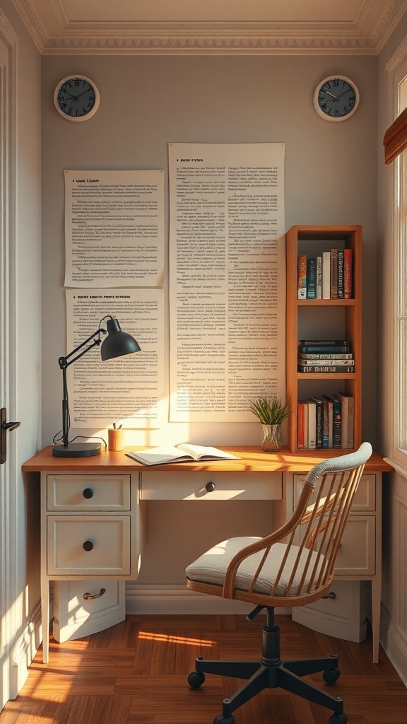 Cozy corner desk with a wooden surface, bookshelves, and wall-mounted clocks, creating a reading nook atmosphere.