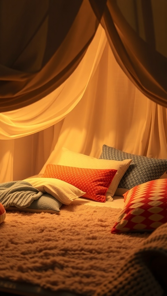Cozy reading nook under a bunk bed with soft pillows and warm lighting.