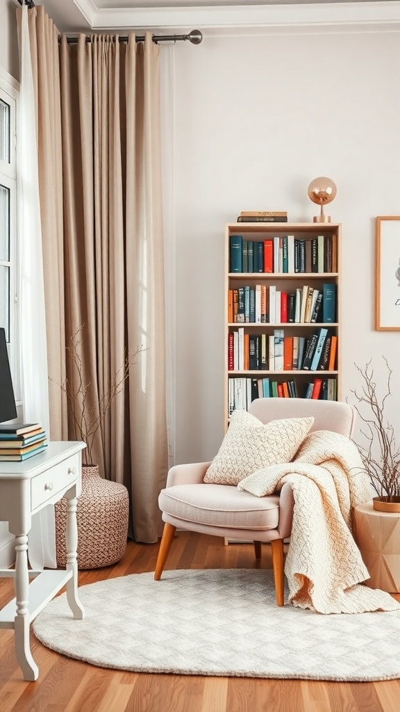 A cozy reading nook featuring a pink armchair, a bookshelf filled with books, and a soft rug.