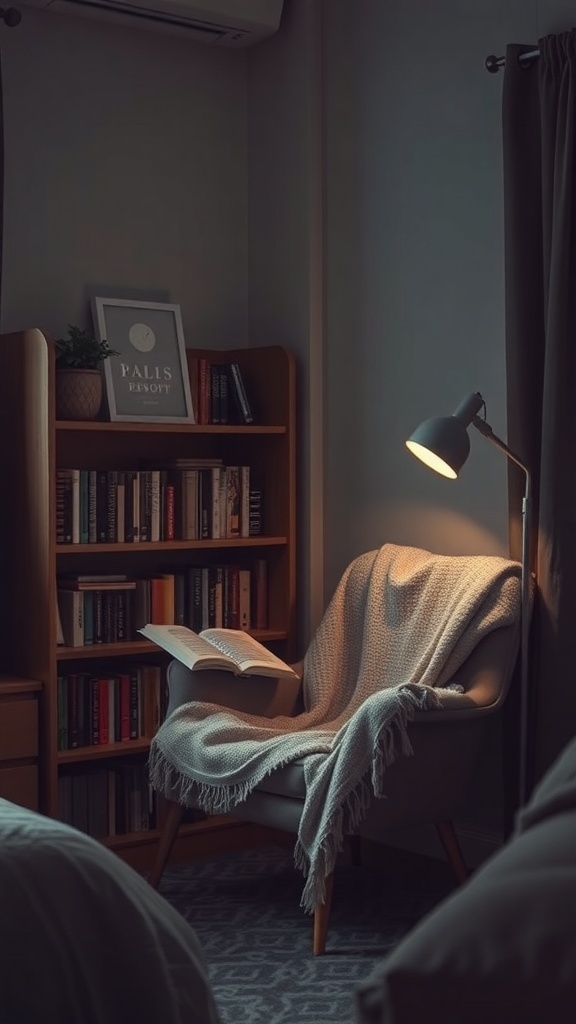 A cozy reading nook featuring a soft armchair with a blanket, a lamp, and a bookshelf filled with books.