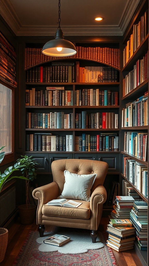 A cozy reading nook featuring a plush armchair, a bookshelf filled with books, and warm lighting.