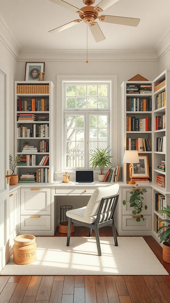 A cozy reading nook in a home office with bookshelves, a comfortable chair, and natural light.