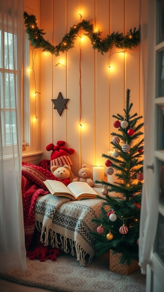 A cozy reading nook decorated for Christmas with a small tree, fairy lights, and plush toys.