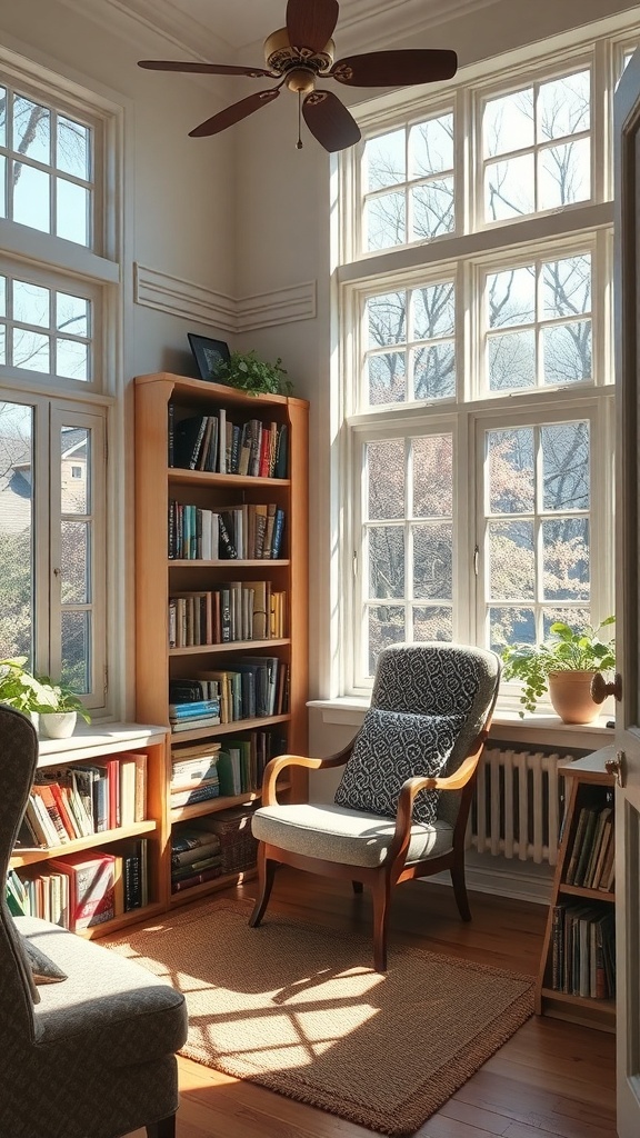 Cozy reading nook with a comfortable chair, bookshelf, and large windows allowing natural light.