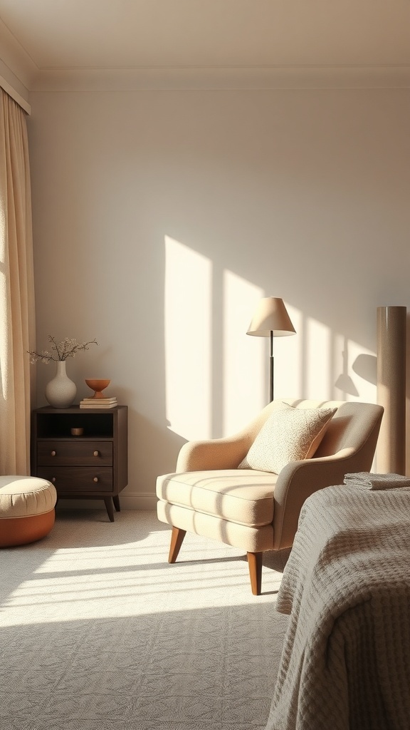 A cozy reading corner in a bedroom featuring a soft armchair, warm lighting, and a stylish nightstand.