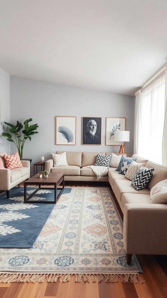 A cozy living room with a sectional sofa and a patterned rug, featuring decorative pillows and artwork on the walls.