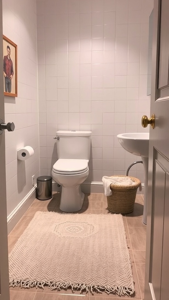 A cozy rug in a small bathroom setting, adding warmth and texture.