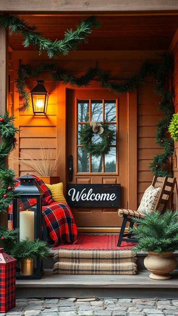 A cozy rustic porch setup with evergreen garlands, a welcome sign, plaid blanket, and lanterns.
