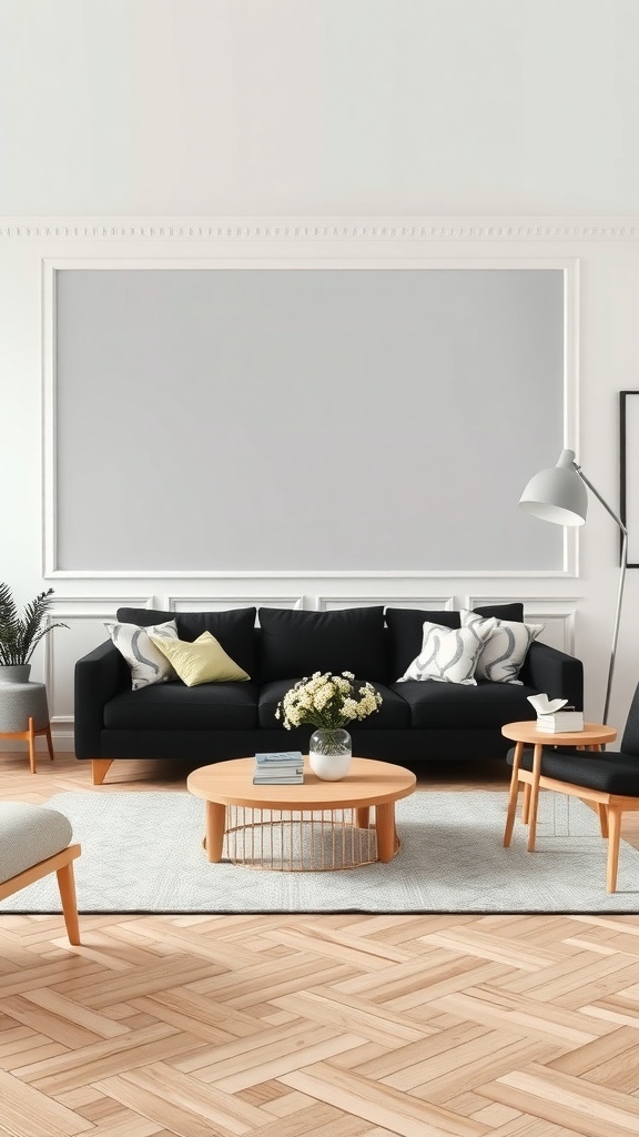A modern living room featuring a black sofa, light wood flooring, and a round coffee table, with cozy Scandinavian decor elements.