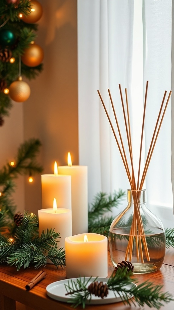 A cozy scented candle station with candles, a diffuser, and festive greenery.