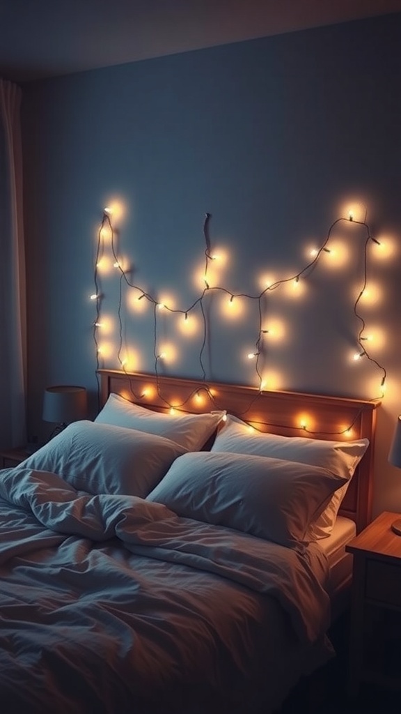 cozy bedroom with string lights creating a warm glow