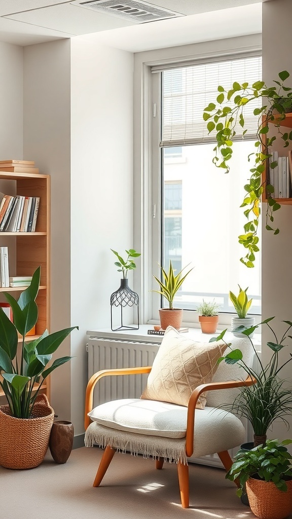 A cozy study nook featuring a comfortable chair, plants, and natural light from a window.