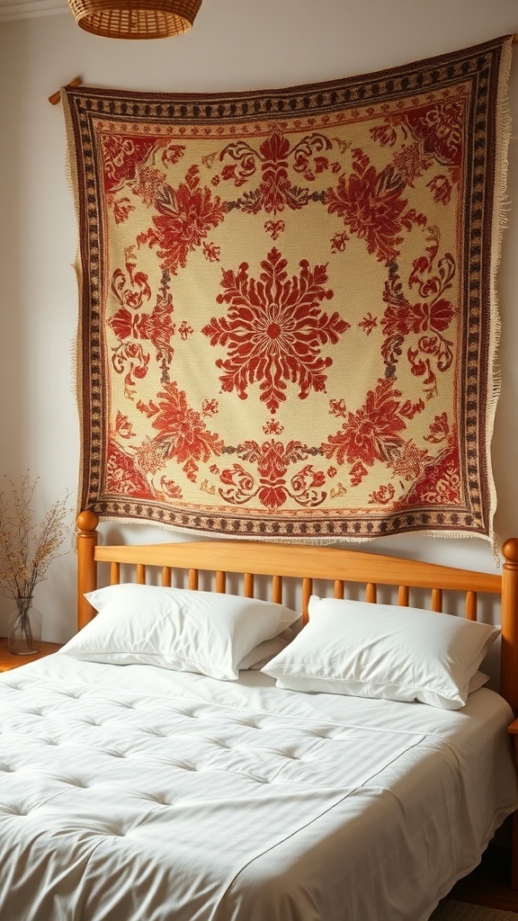 A cozy tapestry hanging above a wooden bed, featuring intricate red and beige patterns.