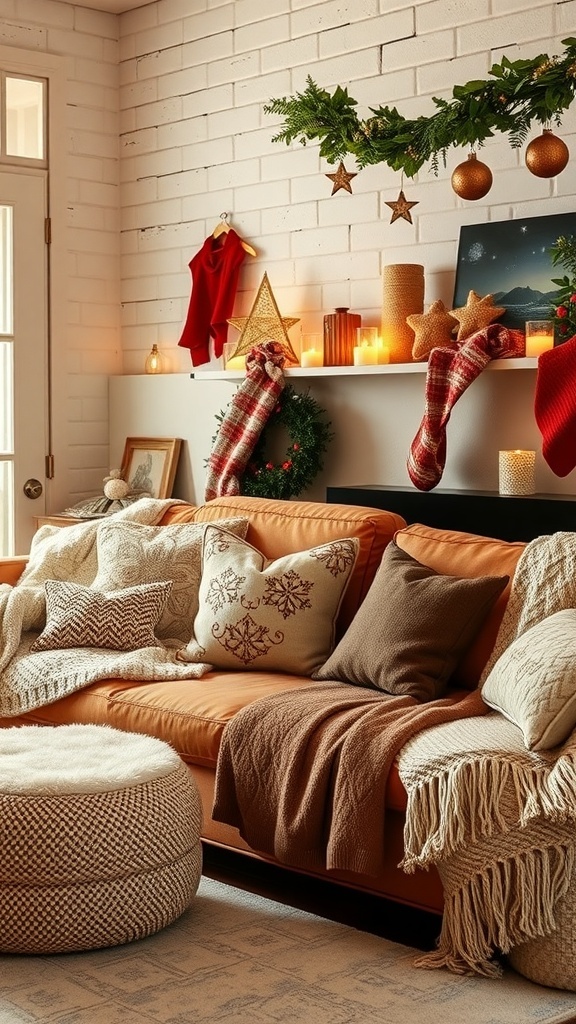 A cozy living room decorated for Christmas with an orange sofa, textured pillows, and warm textiles.