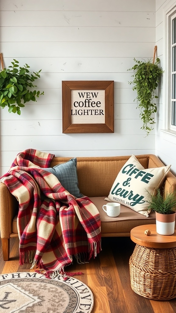 Cozy coffee corner with plaid throw, decorative pillows, and plants