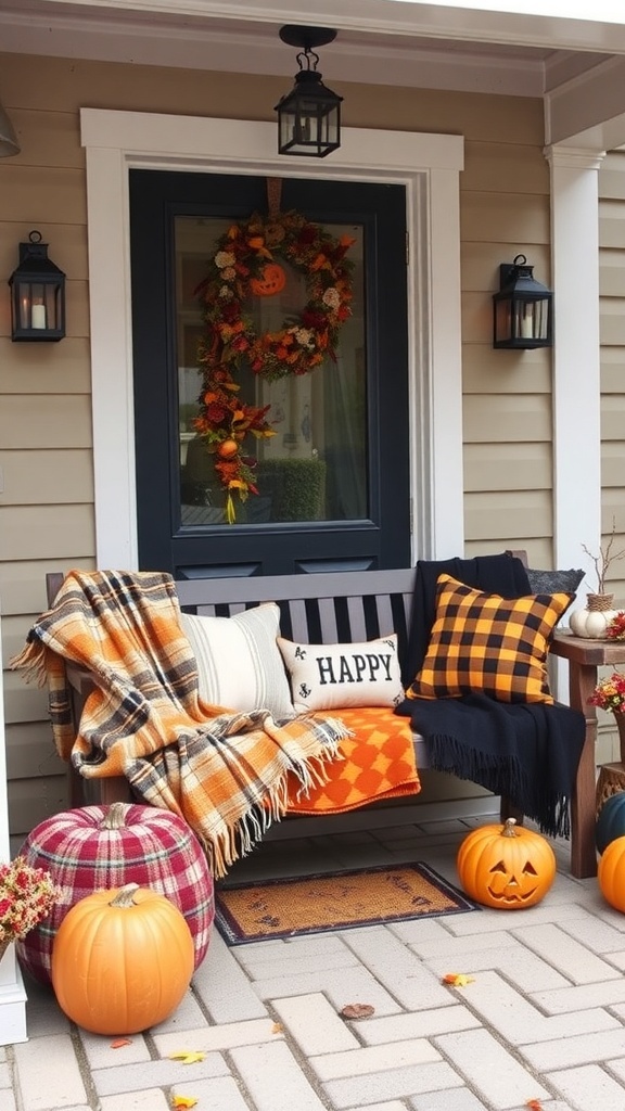 Cozy Halloween porch with throws, pillows, and pumpkins