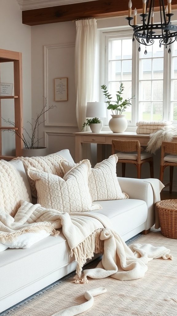 Cozy living room with a cream sofa, layered pillows, and a warm throw blanket.