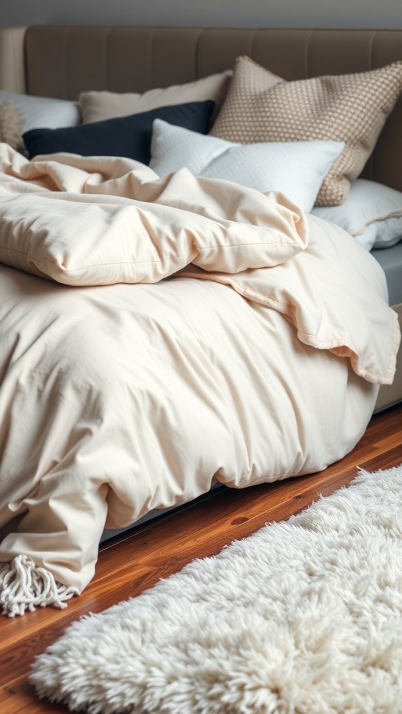 A cozy bedroom featuring a soft duvet, various textured pillows, and a fluffy rug.