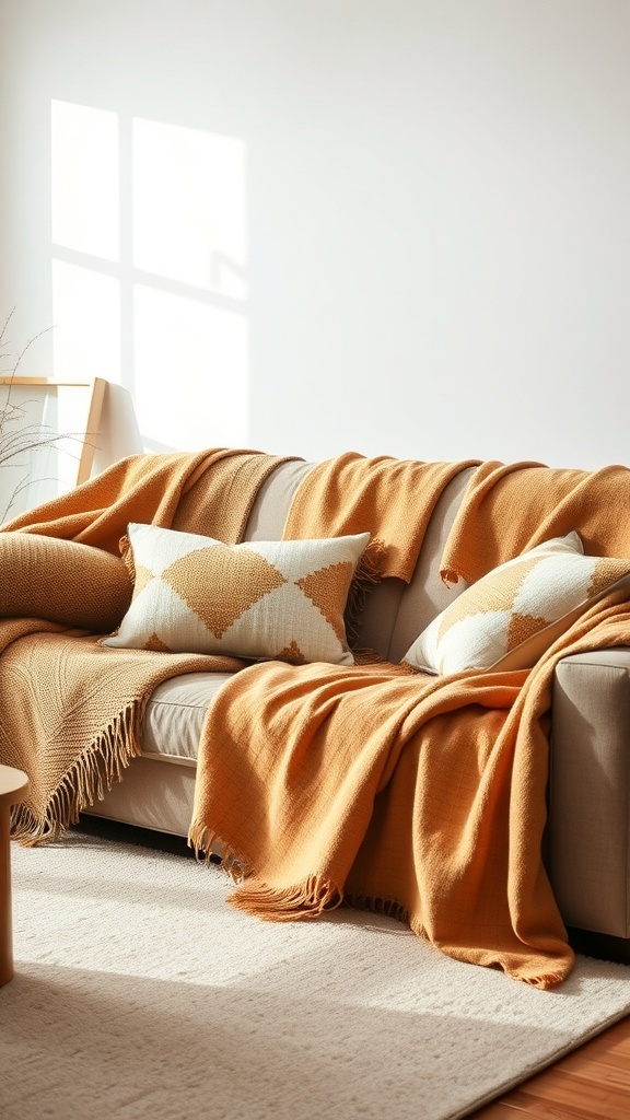 A cozy sofa with orange throw blankets and patterned pillows, creating a warm atmosphere for Thanksgiving.