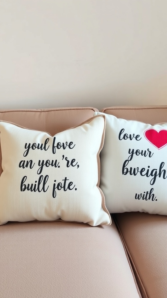 Two cozy throw pillows with playful love quotes on a couch.