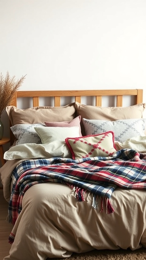 A cozy bedroom setup featuring a wooden headboard, layered pillows, and a plaid throw blanket.