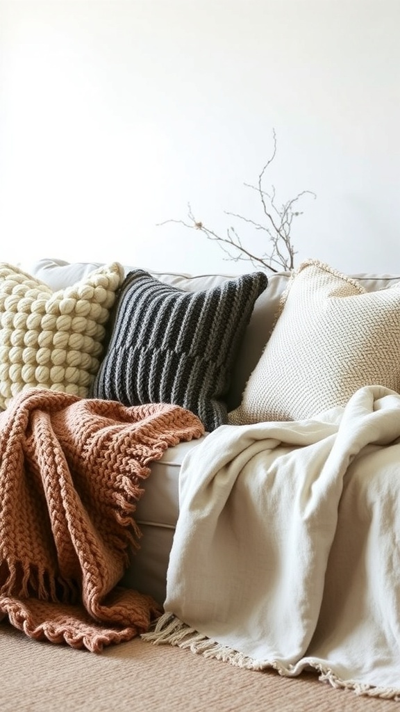 A cozy couch with various textured pillows and blankets in white and gray tones.