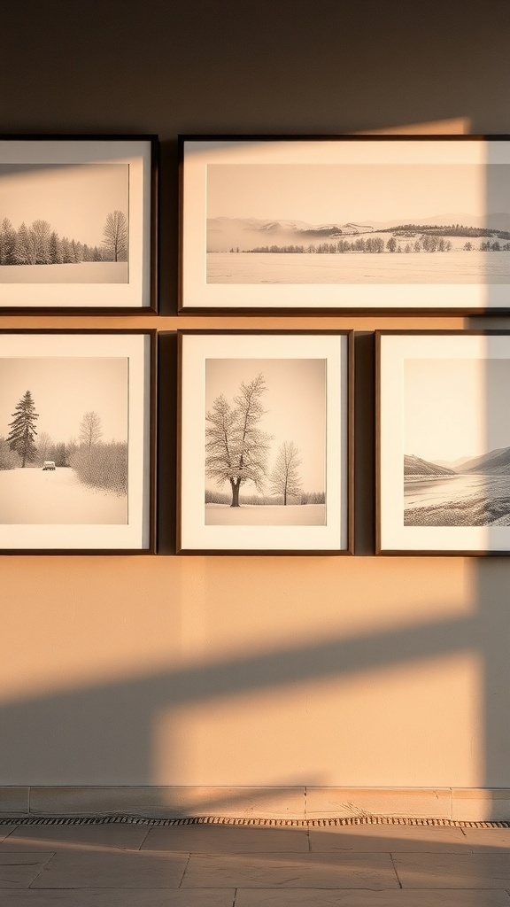 Framed black-and-white winter landscapes on a wall.
