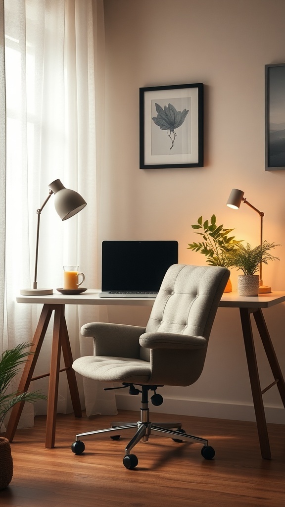 A stylish home office featuring a wooden desk, ambient lighting, and plants, designed for productivity.