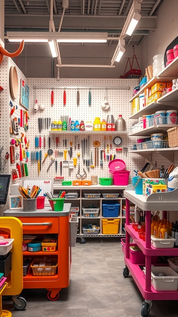 A colorful craft corner featuring pegboards with tools, bright lighting, and rolling carts for supplies.