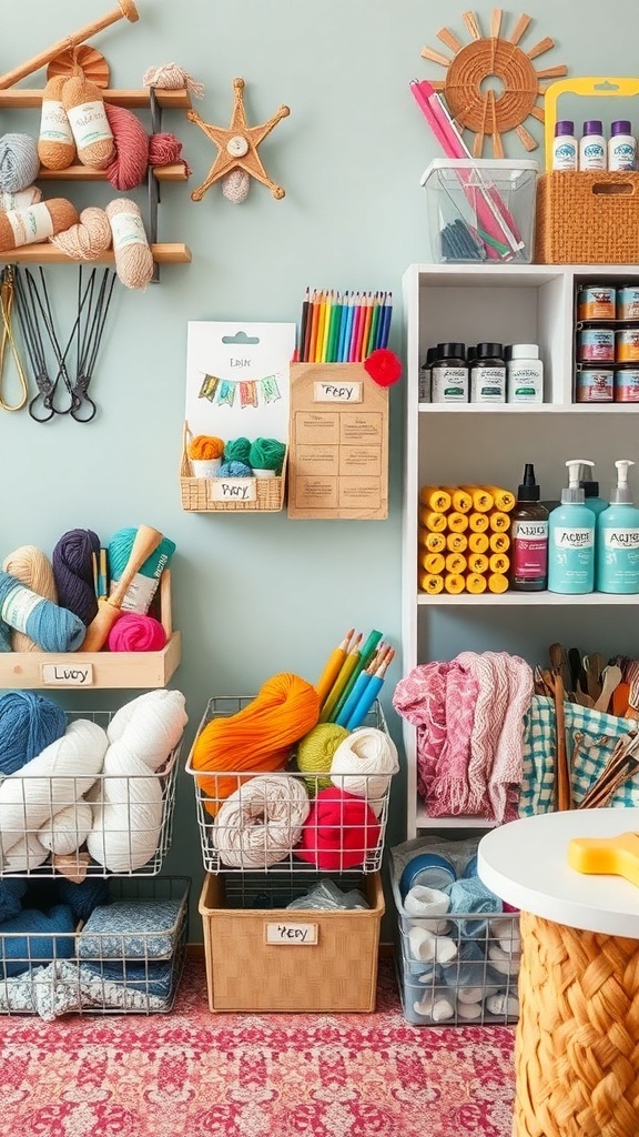 A colorful craft room with labelled wire baskets holding various supplies like yarn and paints.