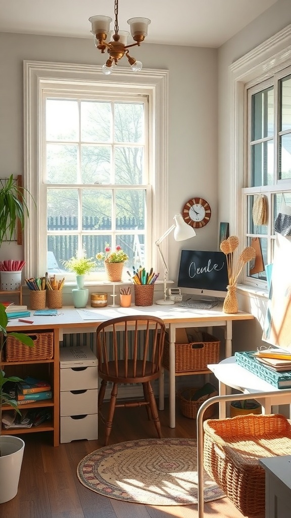 Bright crafting corner with a desk, colorful supplies, and large windows