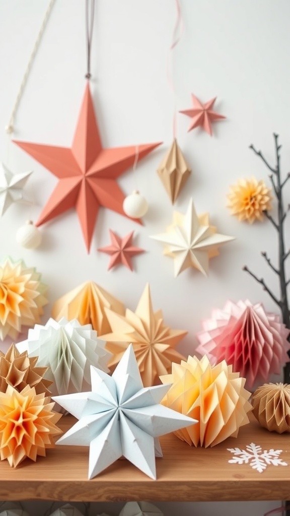 Colorful paper decorations including stars and honeycomb shapes in soft pastel shades.
