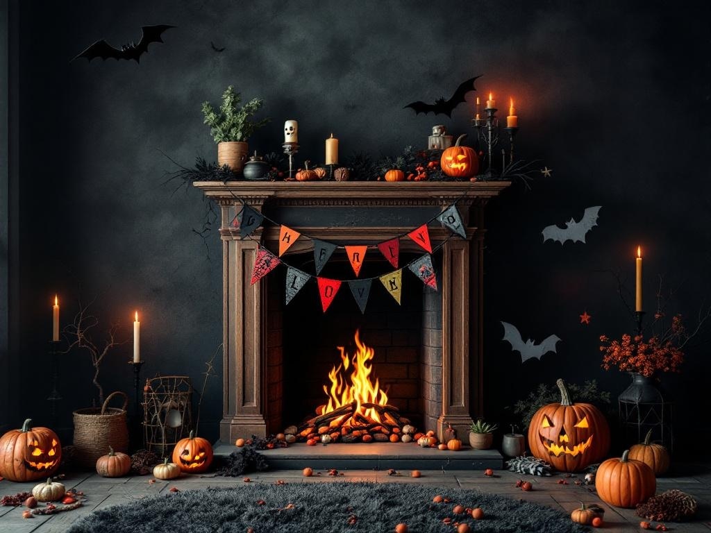 A beautifully decorated Halloween fireplace mantel featuring pumpkins, candles, and spooky decor.