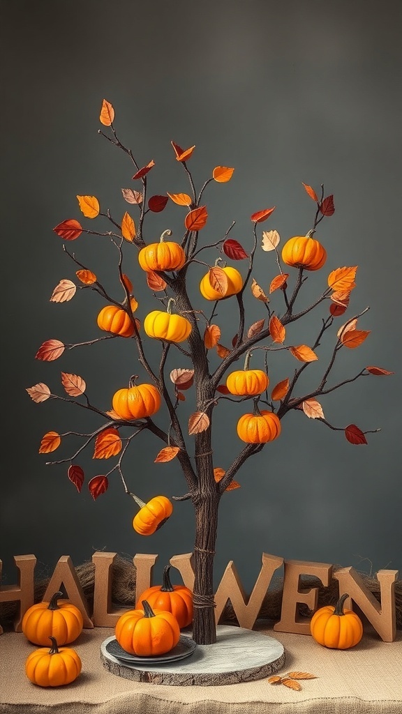 A DIY Halloween tree with bare branches, colorful leaves, and mini pumpkins, set against a neutral background with Halloween letters.