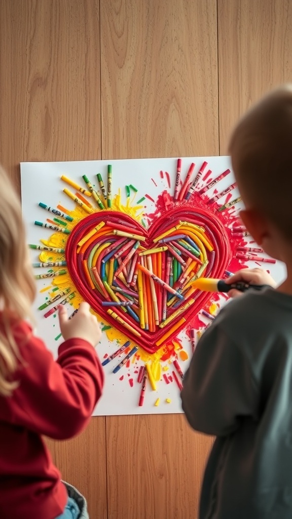 Children creating Crayon Melt Heart Art with melted crayons forming a heart shape