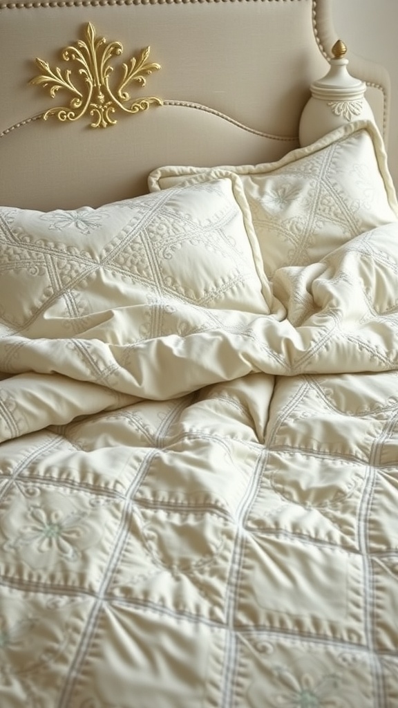Cream quilt with sage stitching on a bed