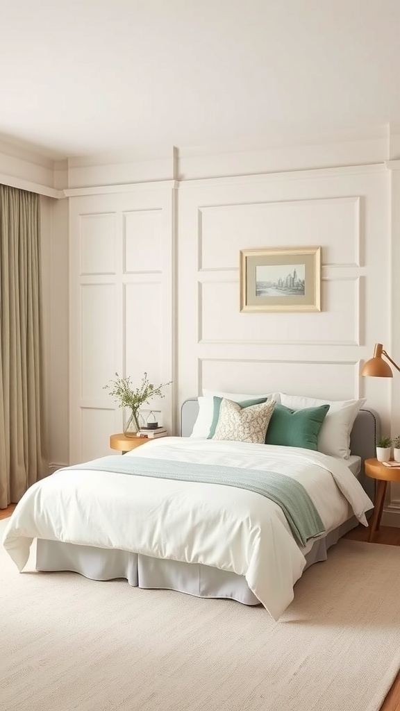A cozy bedroom featuring cream walls with sage board and batten, complemented by a stylish bed and decor.