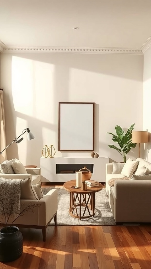 A cozy living room with creamy beige walls, light wood flooring, and neutral furniture.