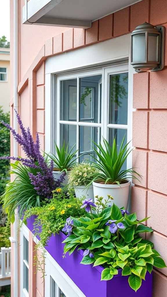 Colorful balcony planter boxes with various plants including purple flowers and green foliage.