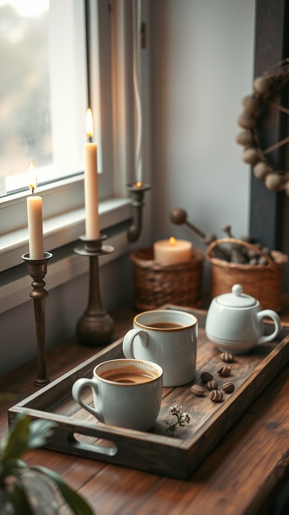 A cozy coffee corner featuring two cups of coffee on a wooden tray, surrounded by candles and decorative elements.