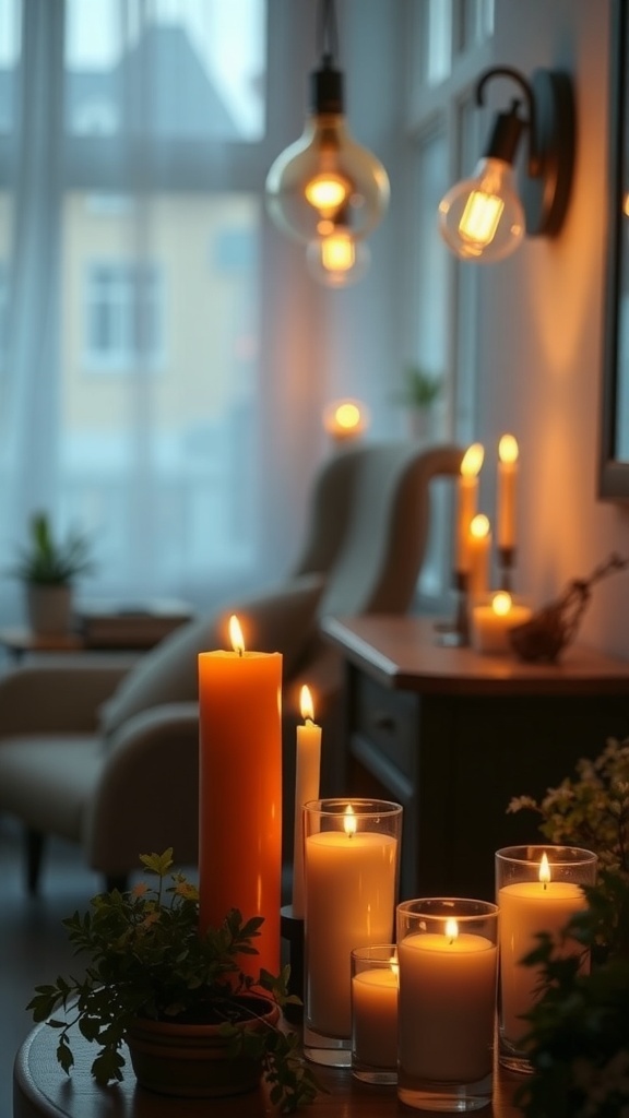 A cozy living room with warm lighting from candles and light fixtures, creating an inviting atmosphere.