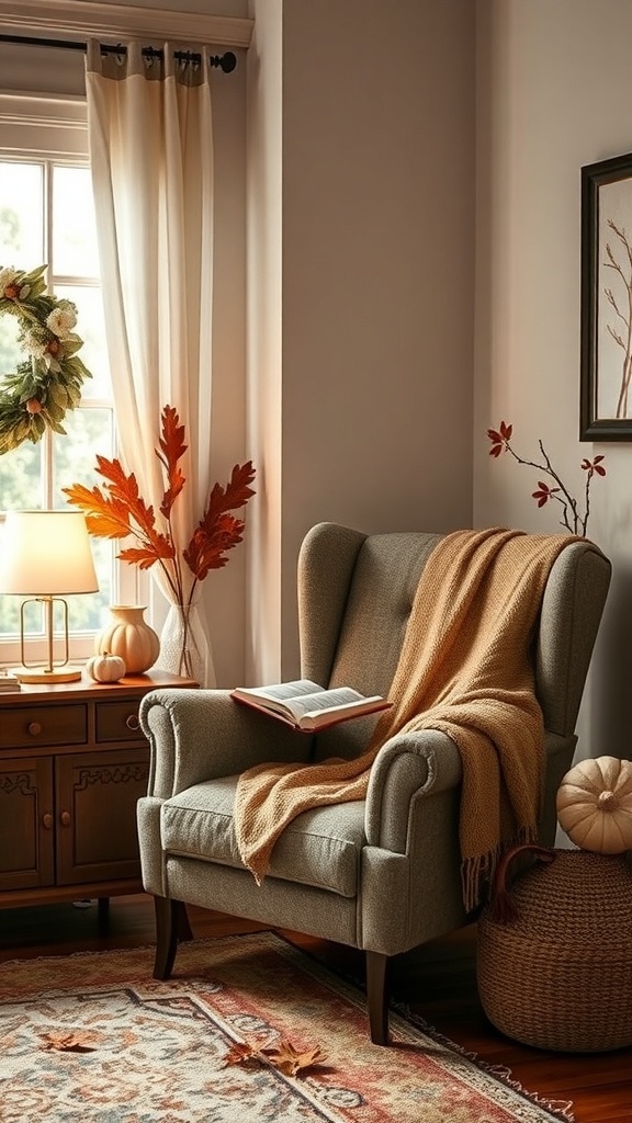 A cozy nook featuring an armchair with a blanket, a side table with a lamp, and autumn decorations.