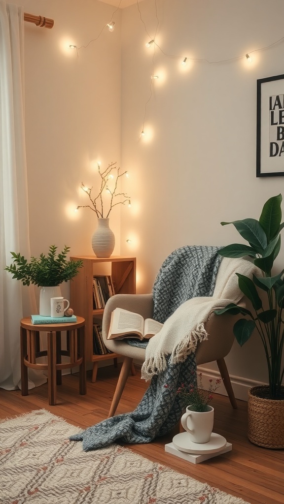 Cozy reading corner setup with a chair, blanket, and warm lighting